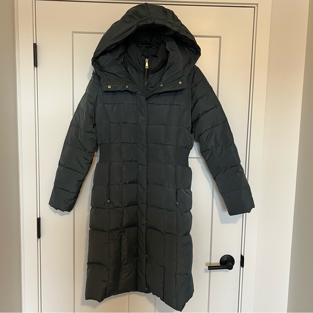 Cole Haan Knee Length Hooded Quilted Down Coat